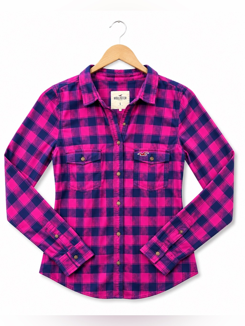 VTG Y2K Hollister pink blue plaid checkered flannel shirt coastal cowgirl Cali L